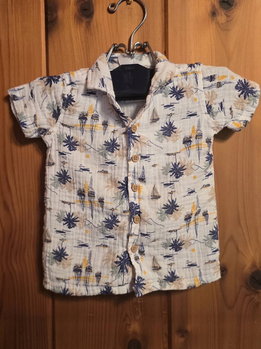 Baby Essentials White Short-Sleeve Button-Down Shirt w Navy & Yellow Print 18M